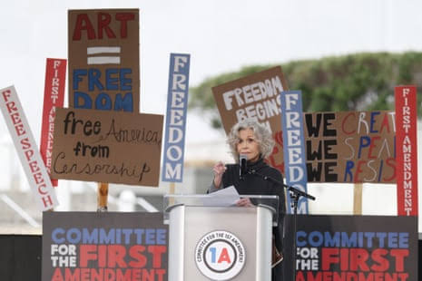 ‘Break your silence’: Jane Fonda leads rally against Trump crackdown on arts and media