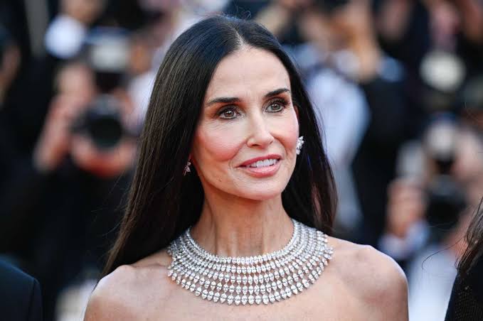 Demi Moore's Semi-Sheer Thigh-Slit Gown Looks Like Liquid, Matching Her Rarely-Worn Hairstyle