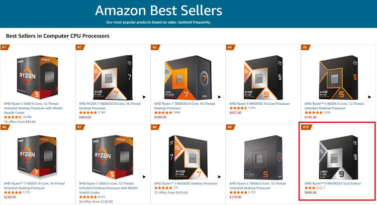 AMD Ryzen 9 9950X3D2 appears in Amazon’s top 10 CPU best sellers