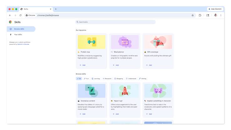 Chrome Skills let you save your favorite Gemini prompts for easy access