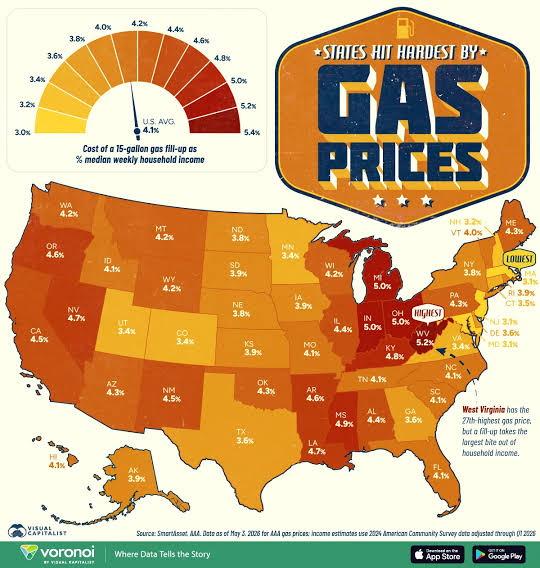Mapped: The States Paying the Most for Gas Relative to Income