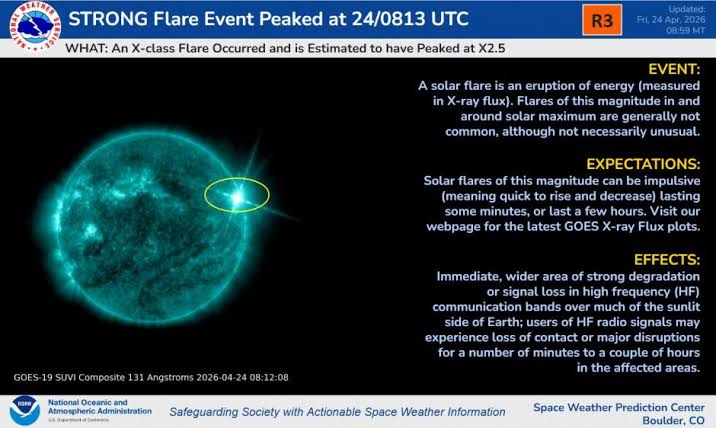 X2.5 flare (R3-Strong) observed from near NW solar limb.